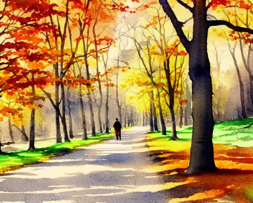 Autumn-themed watercolor painting of figure on tree-lined path