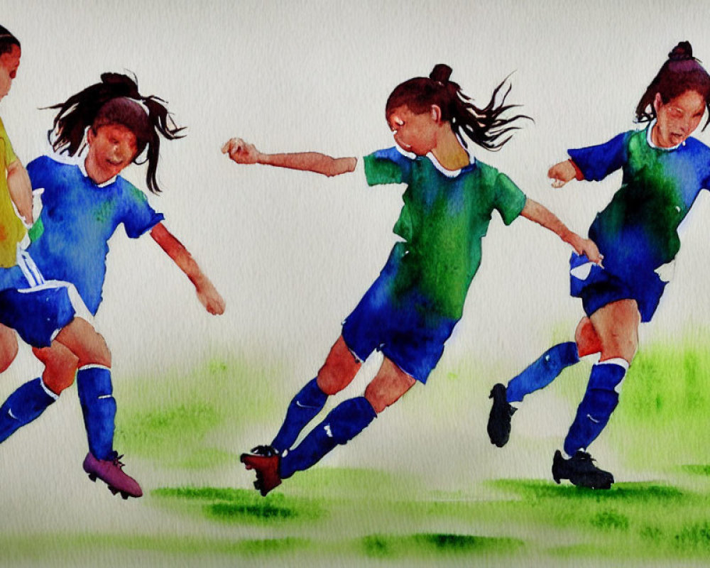 Watercolor painting: Four girls in blue uniforms playing soccer