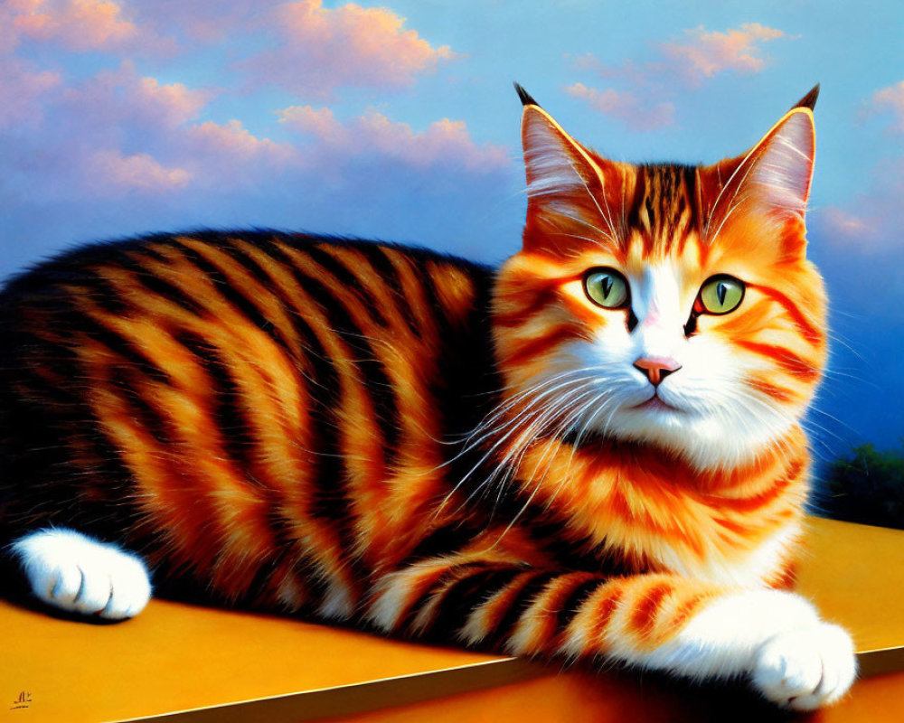 Colorful Painting of Orange Tabby Cat with Green Eyes on Blue Sky