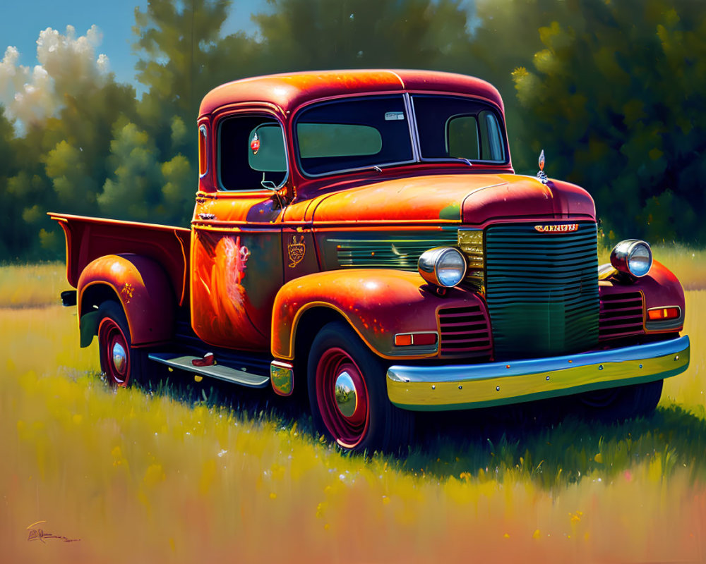 Classic Red and Yellow Pickup Truck in Sunny Field