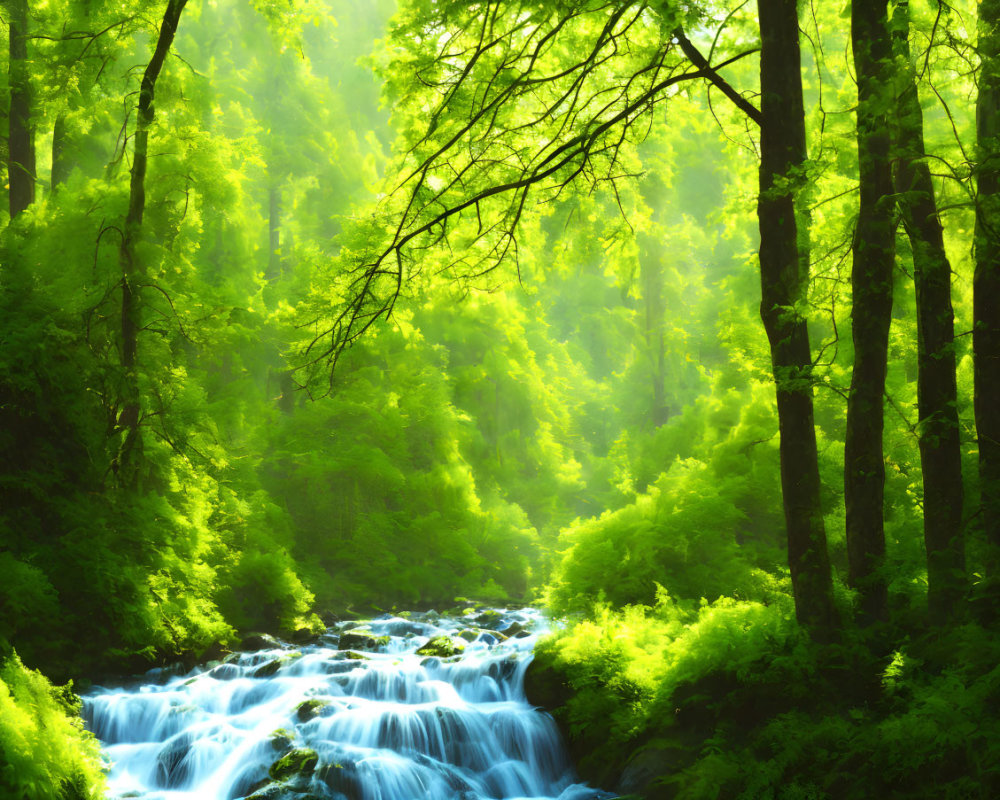 Serene forest scene with sunlight on stream and rocks