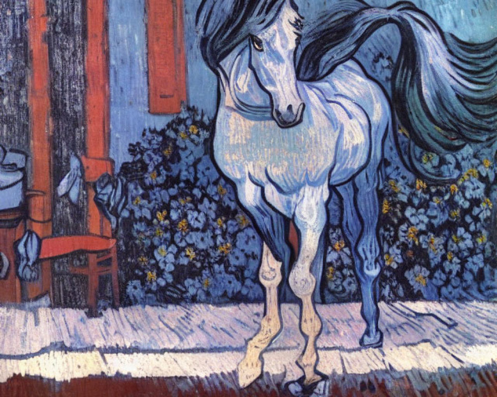 White Horse Painting Among Yellow Flowers on Blue Starry Background with Red-Shuttered Window