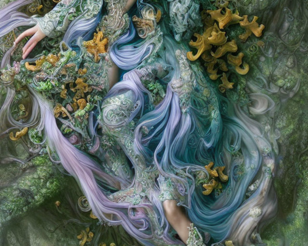 Blue-haired woman in ornate dress merges with fantastical forest background