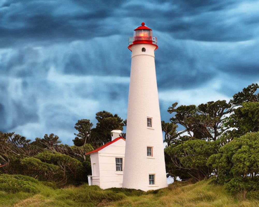 White Lighthouse with Red Top Amid Green Trees and Dramatic Sky