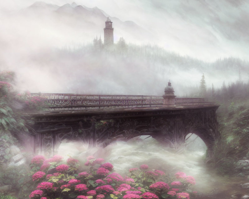 Ornate bridge over misty stream with pink flowers and tower in foggy mountains