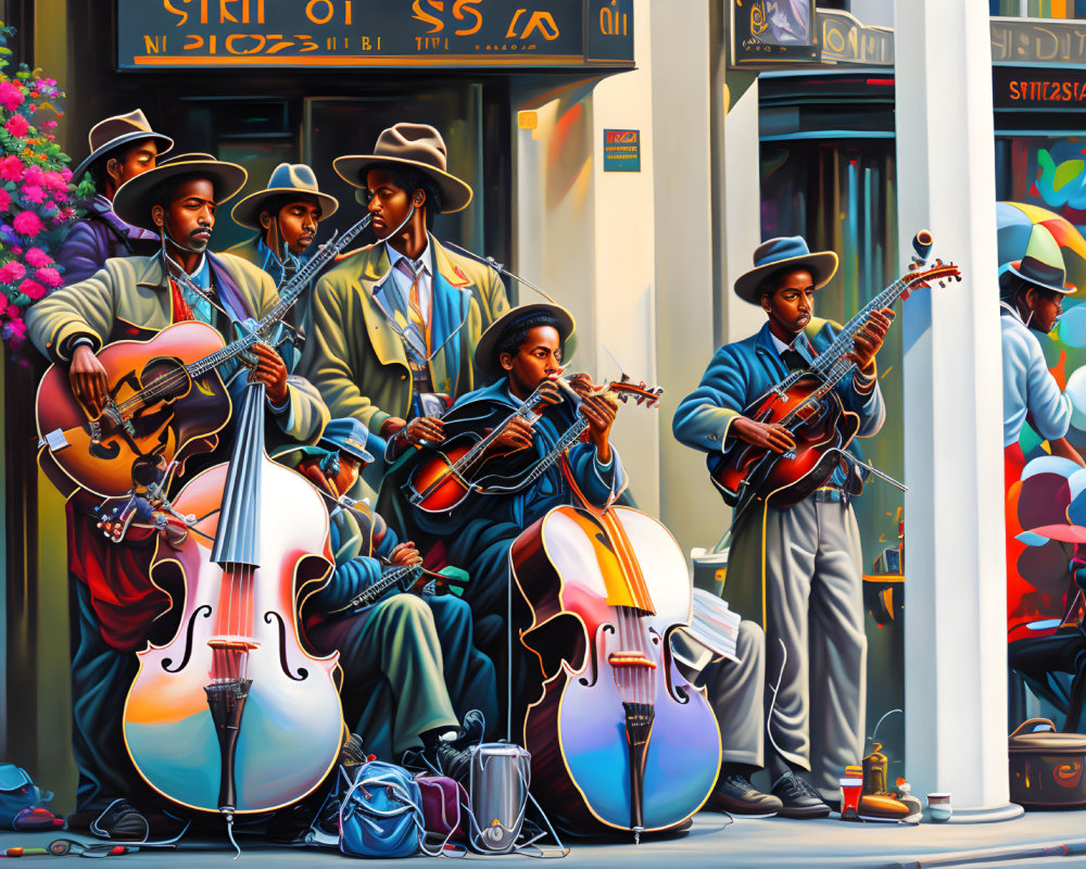 Colorful Painting: Five Musicians with String Instruments on City Sidewalk