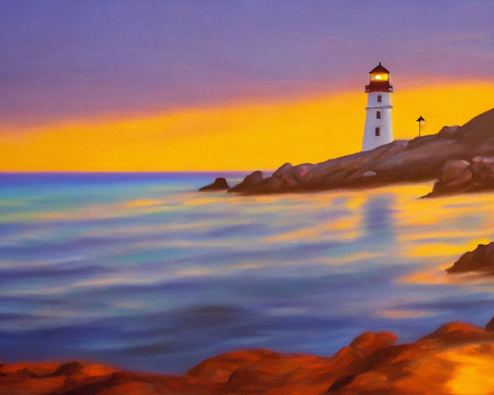 Tranquil sunset painting with vibrant orange hues and lighthouse on rocky shores