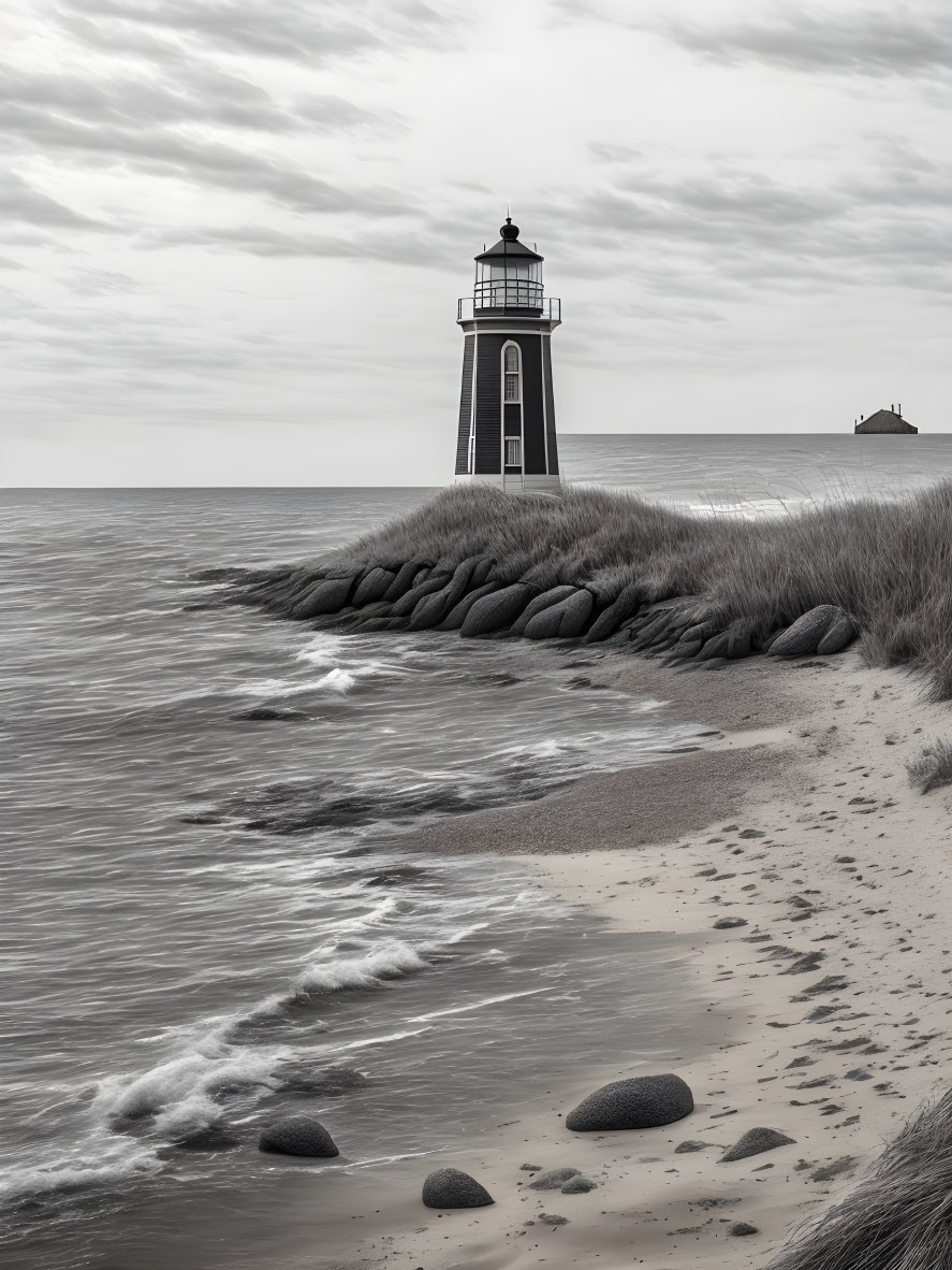 Monochrome image of lighthouse on sandy shore with rocks by calm sea