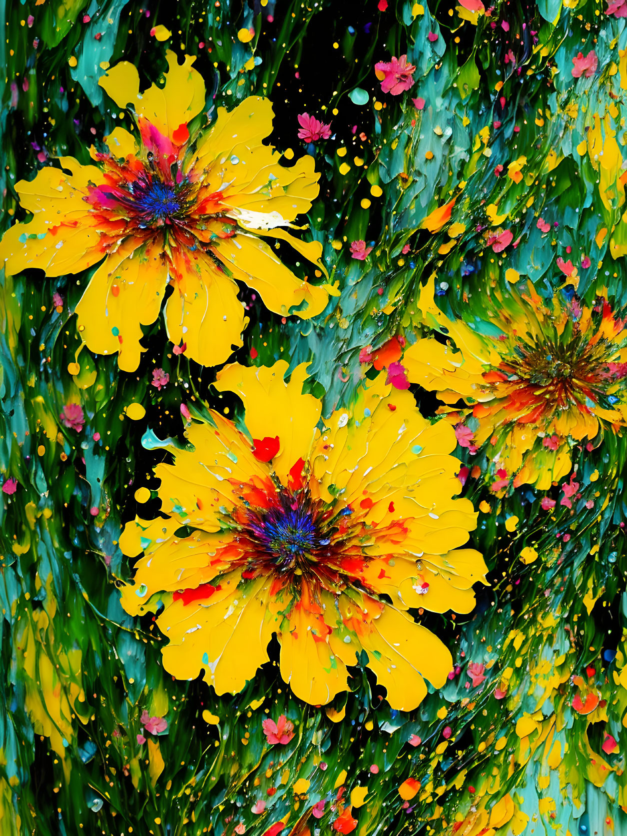 Colorful Abstract Painting of Yellow Flowers on Black Background