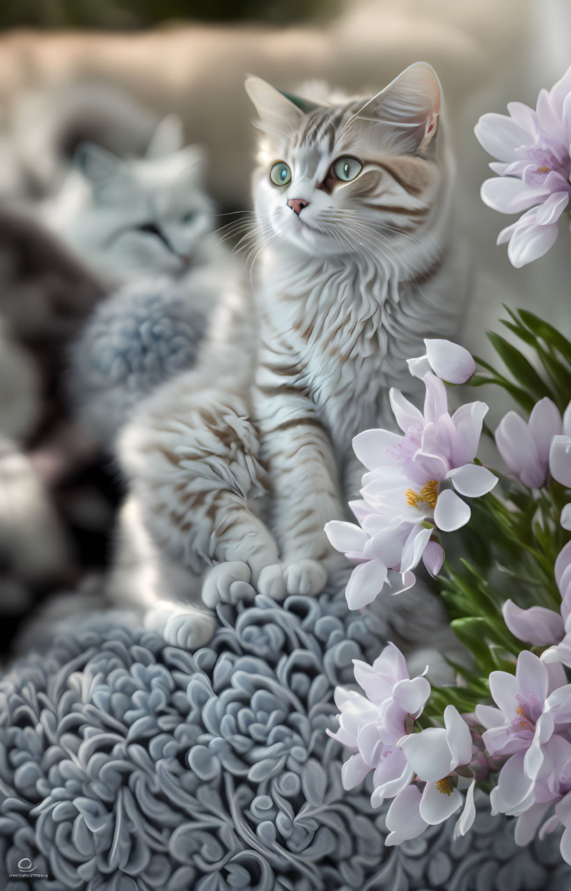 Fluffy grey-and-white cat with green eyes surrounded by pink flowers