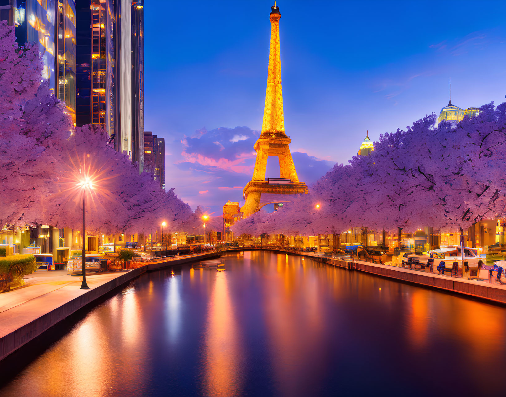 Illuminated Eiffel Tower in Twilight Cityscape with Cherry Blossoms