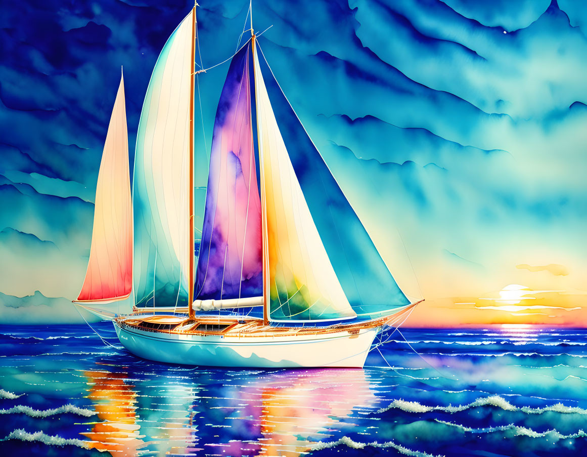 Colorful Sailboat Artwork on Serene Sunset Sea