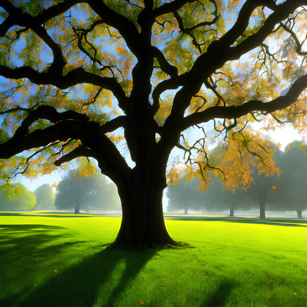 Majestic tree with sprawling branches on a misty morning