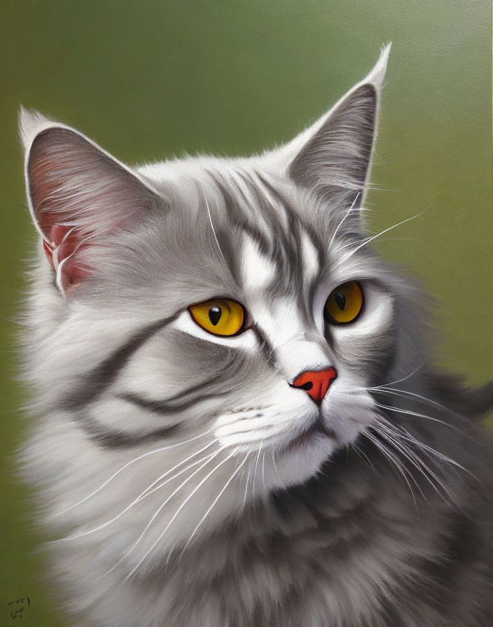 Realistic portrait of fluffy grey and white cat with yellow eyes and pink nose on green background