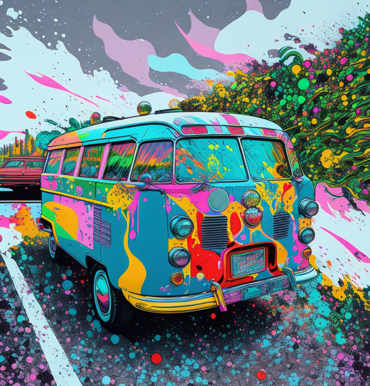 Colorful Psychedelic Van Artwork with Surreal Sky