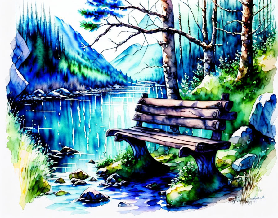 Serene lake scene with wooden bench and mountain backdrop