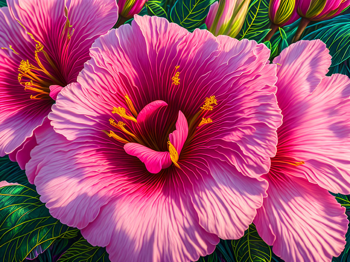 Bright Pink Hibiscus Flowers with Yellow Stamens and Green Leaves