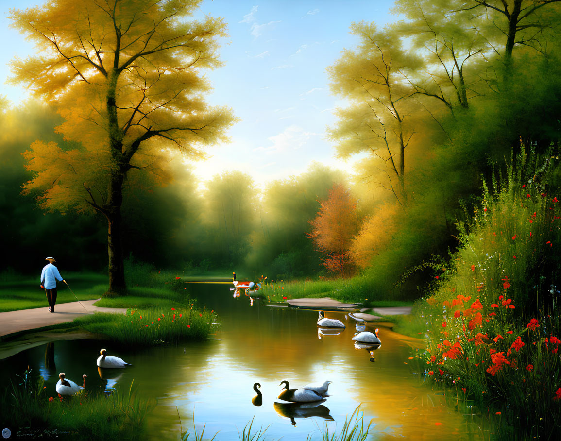 Tranquil landscape with swans, person, greenery, and sunlight