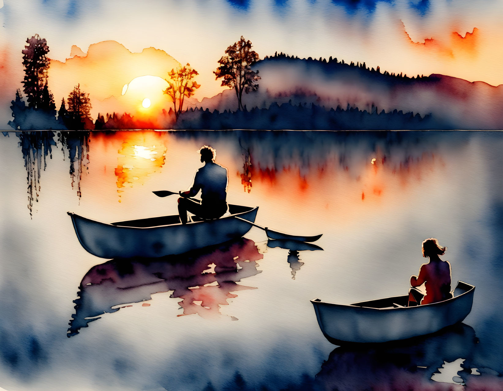 Two People in Canoes on Calm Lake at Sunset