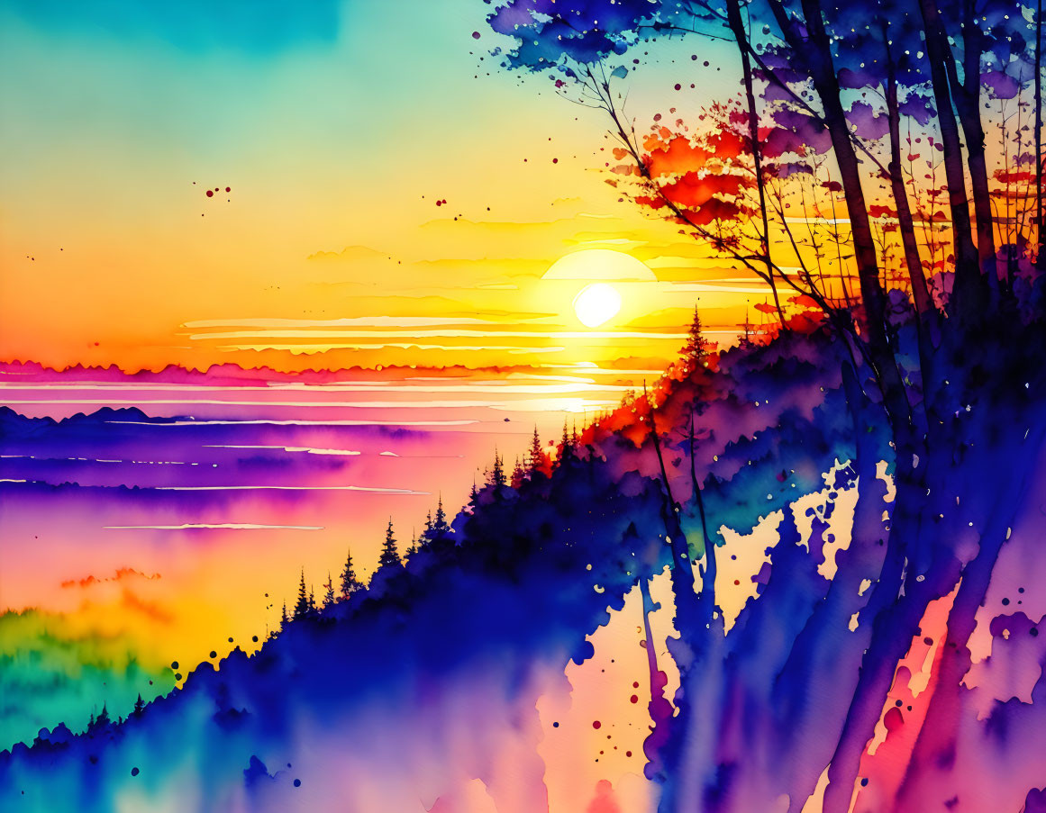 Colorful Watercolor Landscape: Sunset, Silhouetted Trees, Layered Mountains