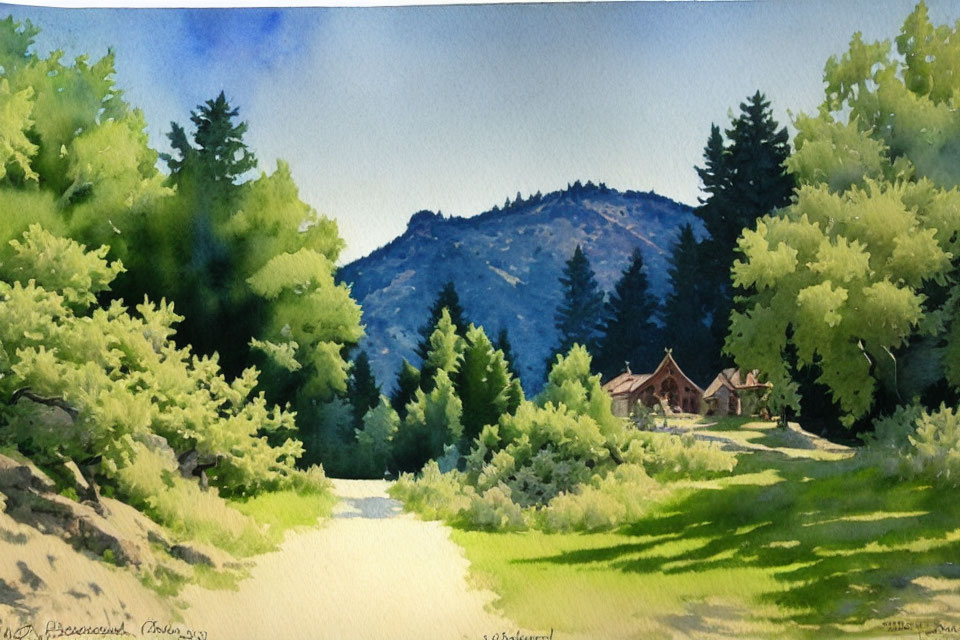 Serene landscape watercolor painting with cabin, trees, and mountain