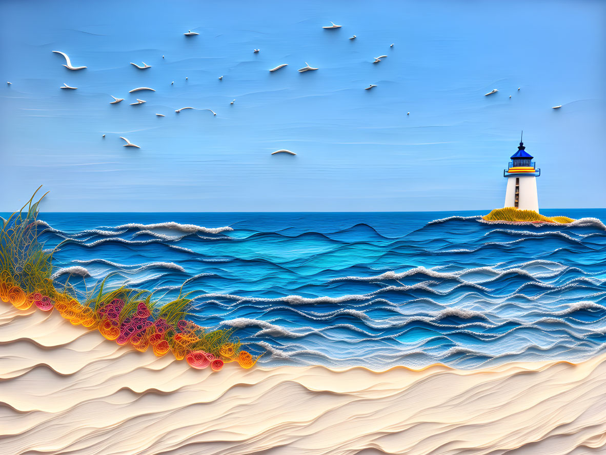 Layered Paper Art Seascape: Lighthouse, Dune Grass, Coral, Ocean Waves, Se