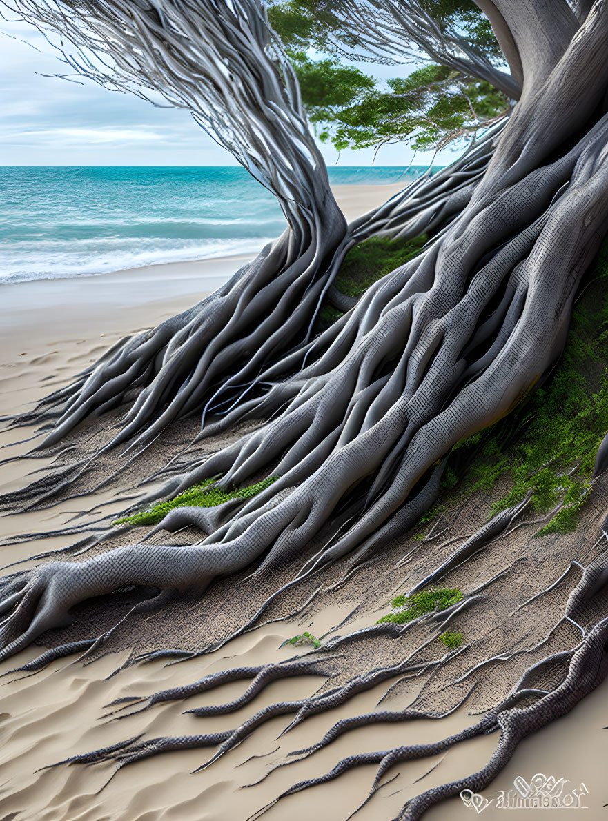 Twisted tree roots on sandy beach by turquoise sea