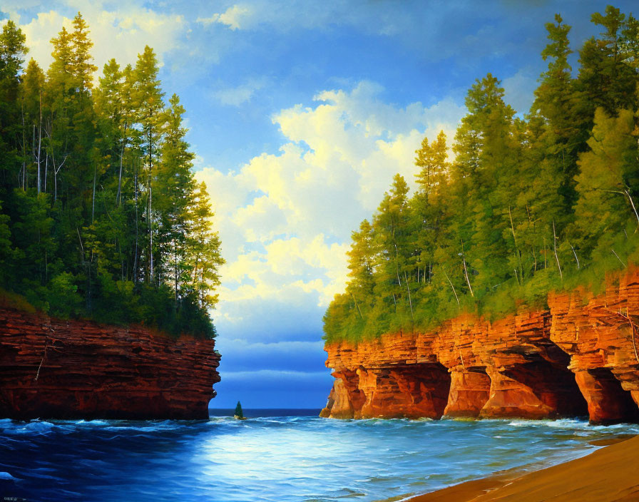 Scenic painting of rugged coastline with red cliffs, green forests, and blue sky