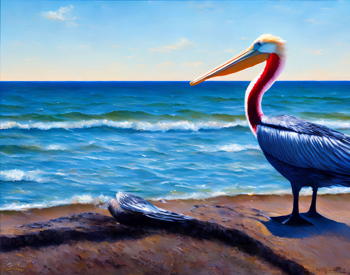 Brown and White Pelican Painting on Shoreline with Blue Ocean and Clear Sky