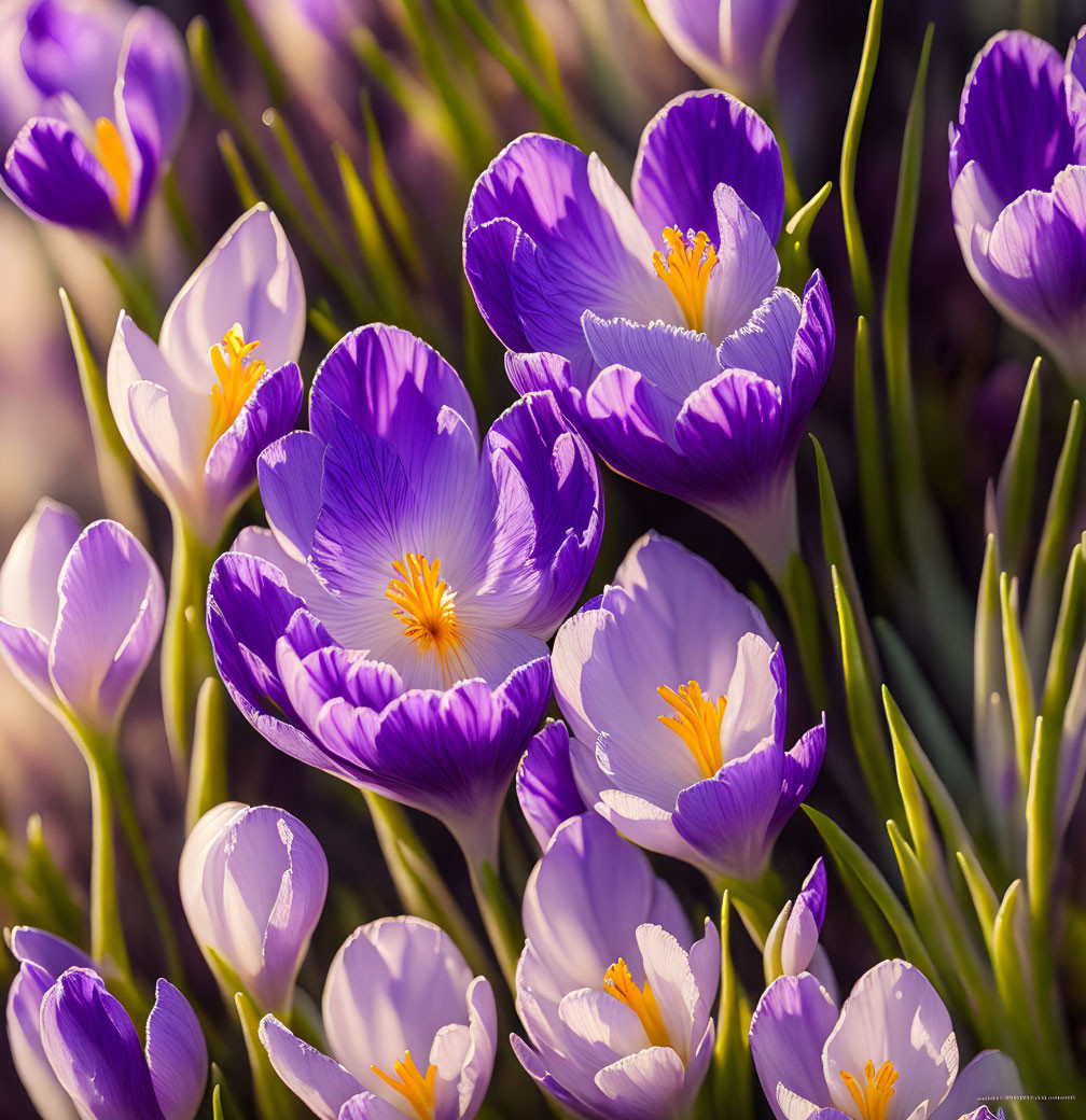 Purple and White Crocuses with Yellow Stamens in Sunlight Among Green Foliage