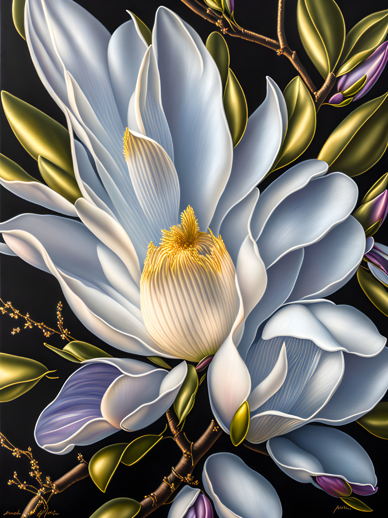 Detailed White Magnolia Flower Illustration with Purple Petals on Dark Background