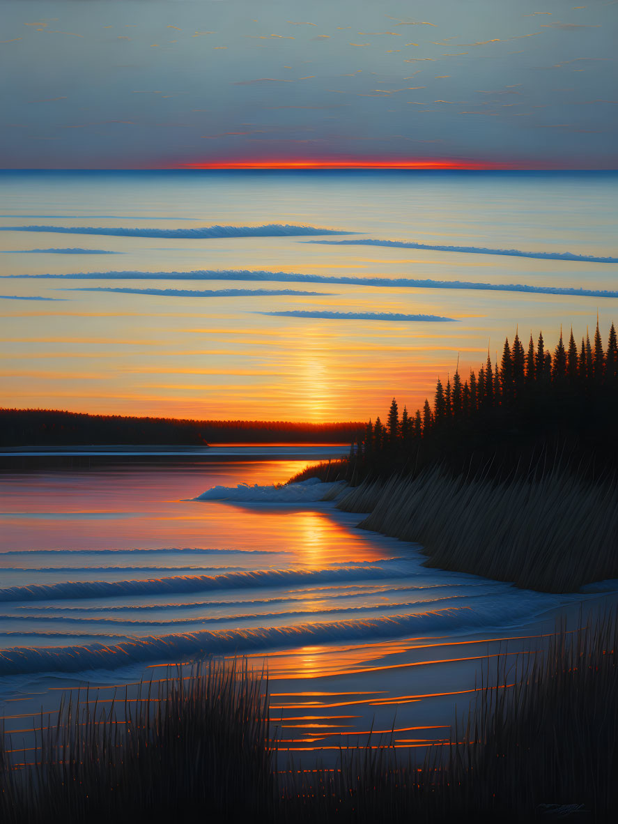 Tranquil Sunset Scene: Vibrant Sky Colors, Reflective Lake, Dark Tree Line