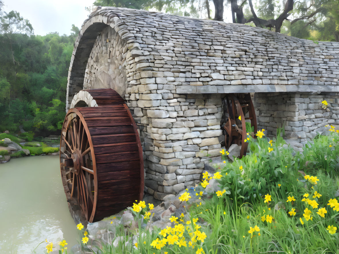 Rustic watermill with wooden wheel by serene stream