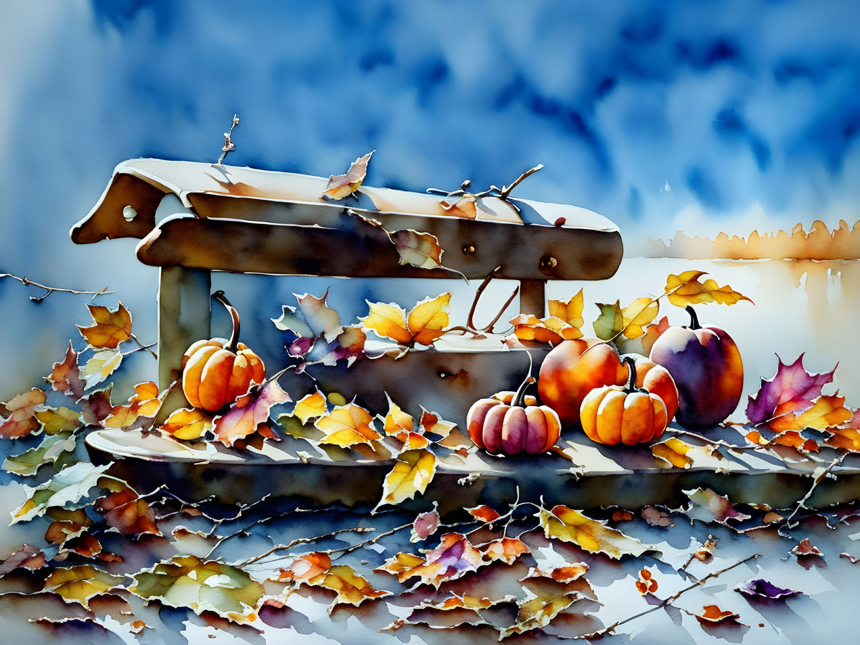 Autumn-themed watercolor painting with wooden bench, leaves, and pumpkins