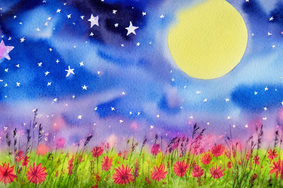 Nighttime watercolor painting: yellow moon, starry sky, pink flowers, blue & purple backdrop