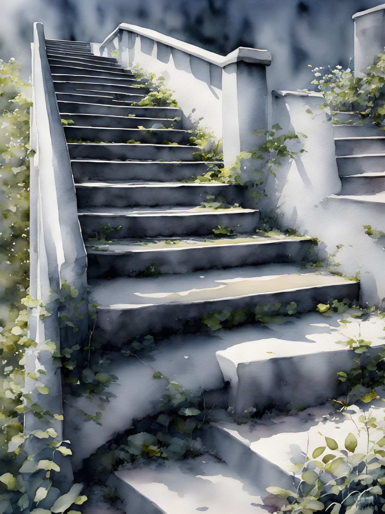 Sunlit outdoor staircase with overgrown greenery casting soft shadows