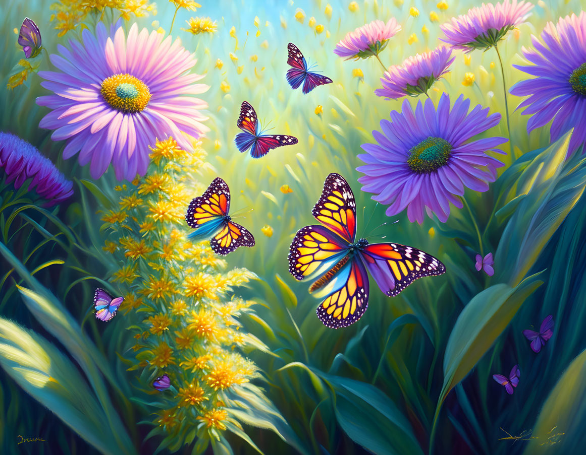 Colorful digital painting: Butterflies, flowers, and foliage under sunlight