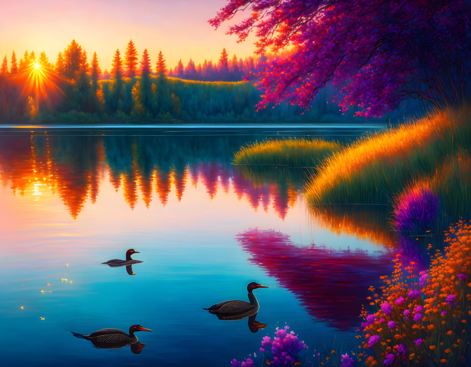 Serene lake at sunset with ducks, trees, and flowers reflecting in vibrant sky