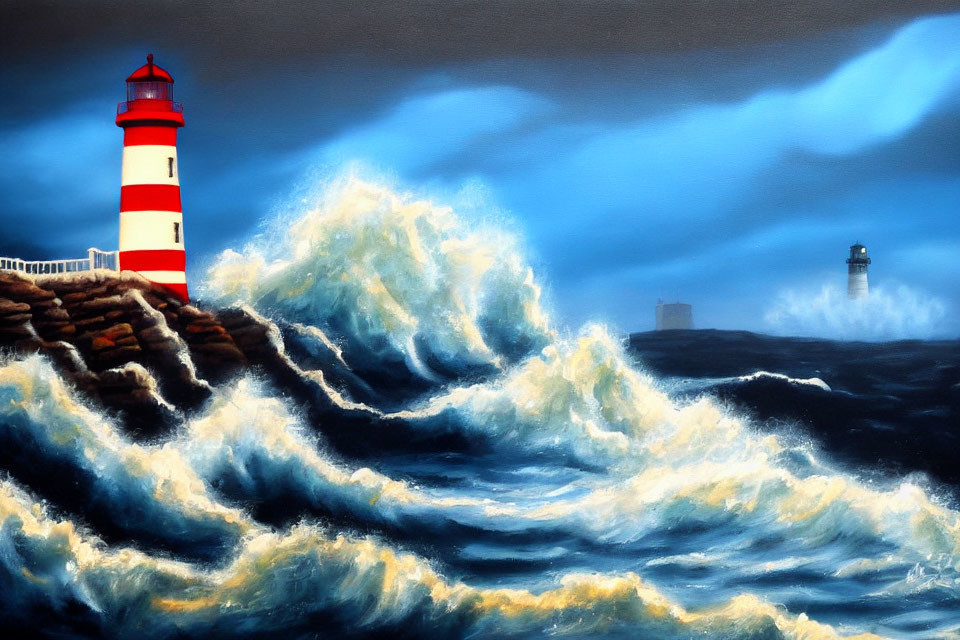 Stormy Sea Painting: Waves, Lighthouse, Rocky Shore, Sunlight Beams