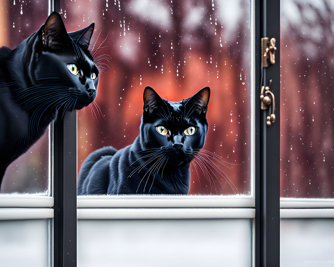 Two Black Cats with Yellow Eyes by Window in Autumn Setting