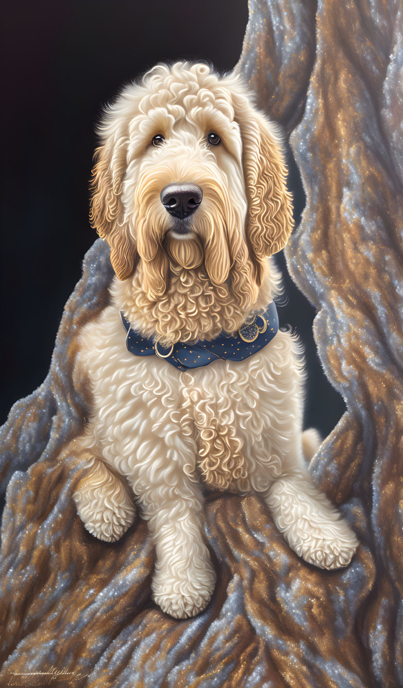 Cream-colored Doodle Dog with Blue Collar on Dark Background