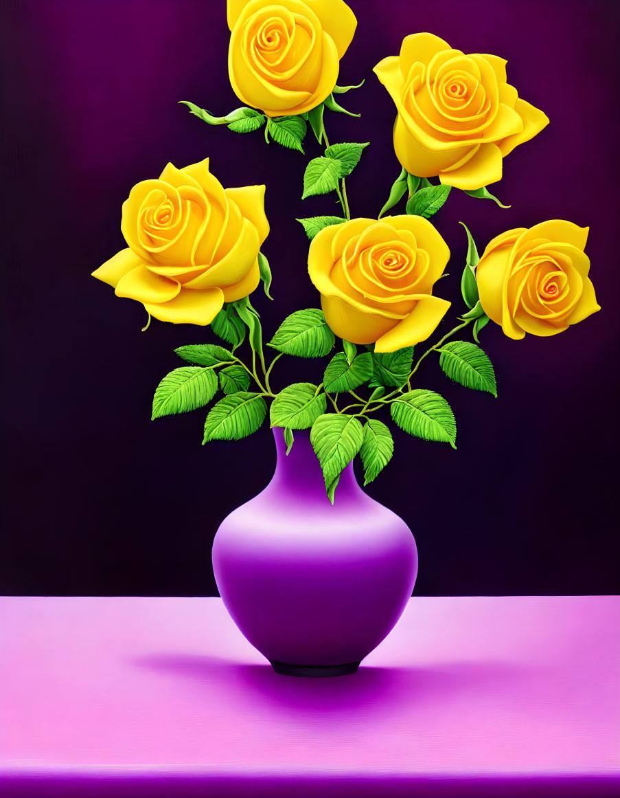 Yellow Roses in Purple Vase on Purple Background