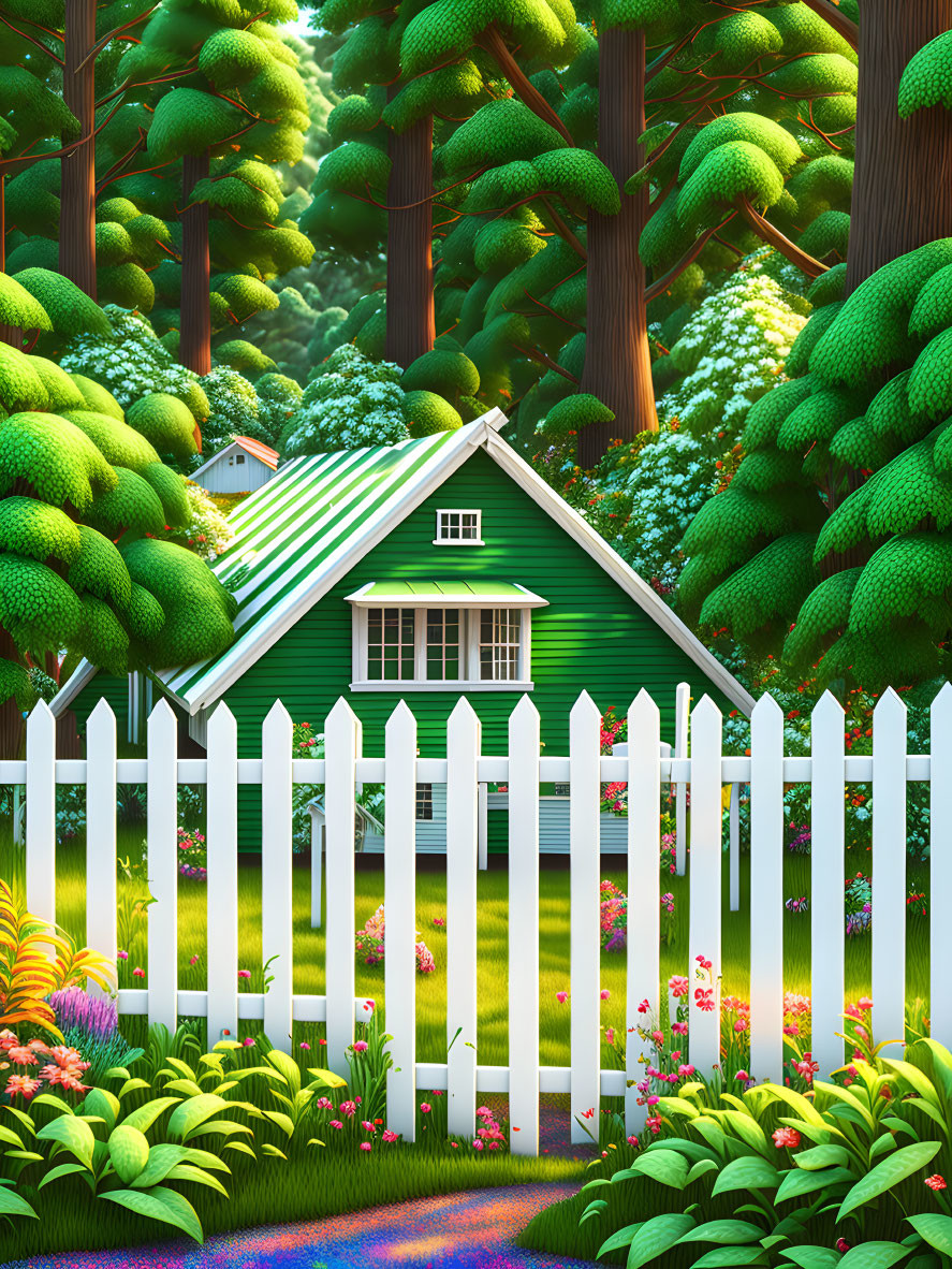 Lush green woodland scene with hidden cottage and colorful flowers