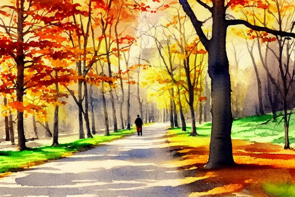 Autumn-themed watercolor painting of figure on tree-lined path