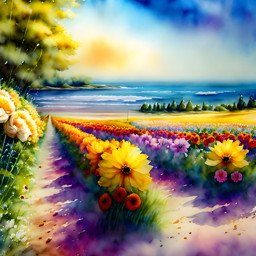 Colorful Flower Field Painting Near Beach Under Blue Sky