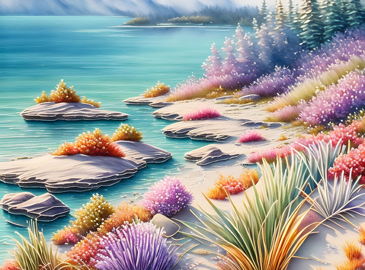 Colorful Lakeside Painting with Flora, Rocks & Pine Forest