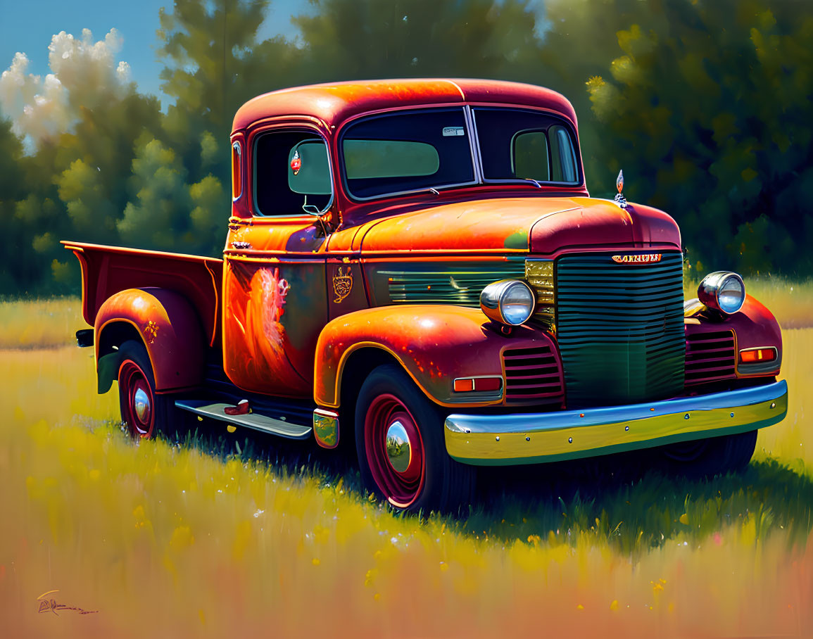 Classic Red and Yellow Pickup Truck in Sunny Field