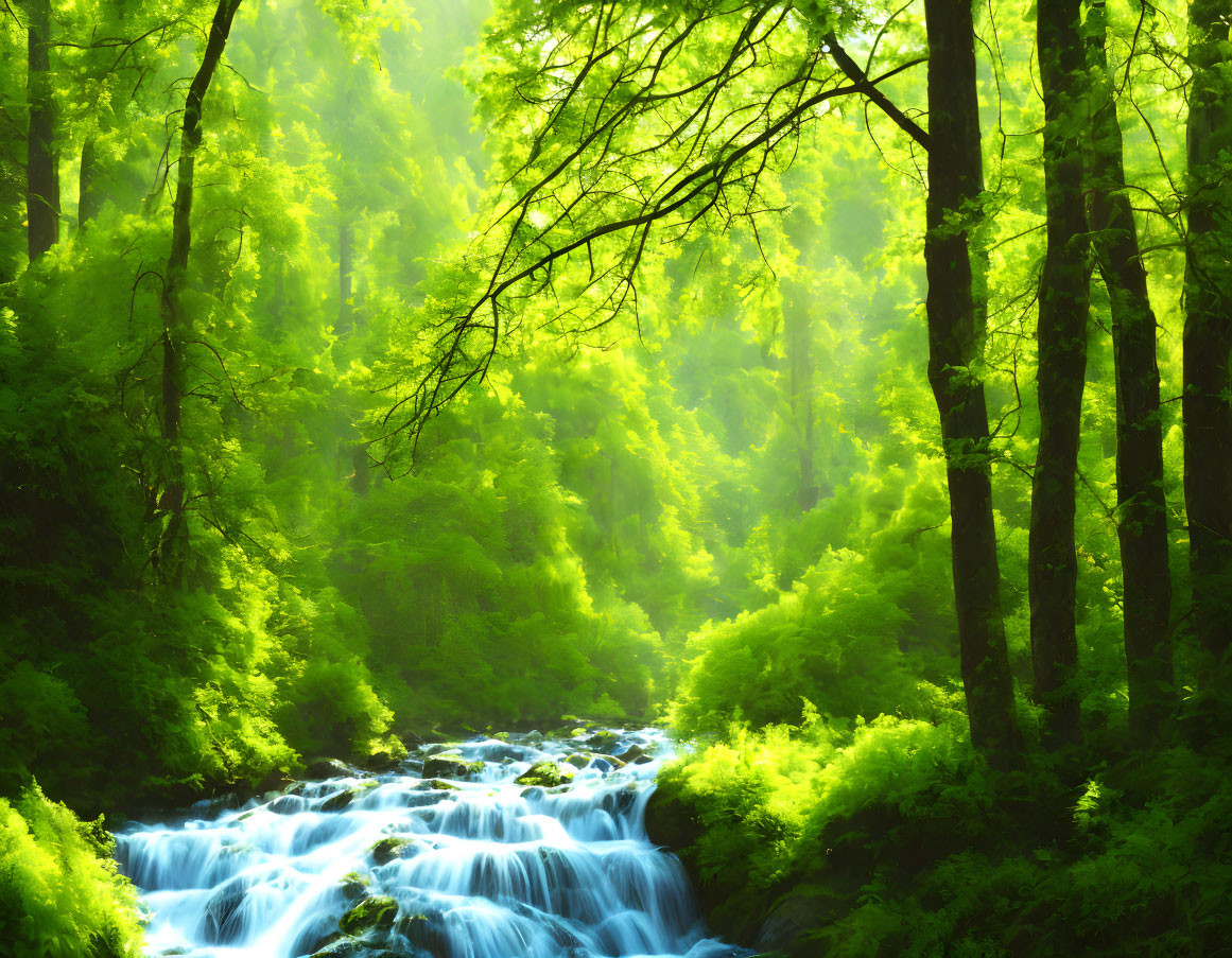 Serene forest scene with sunlight on stream and rocks