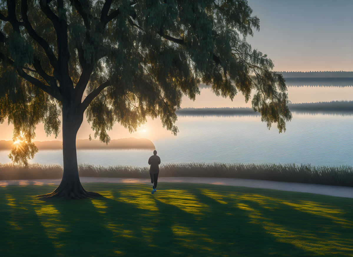 Person under large tree by tranquil lake at sunrise