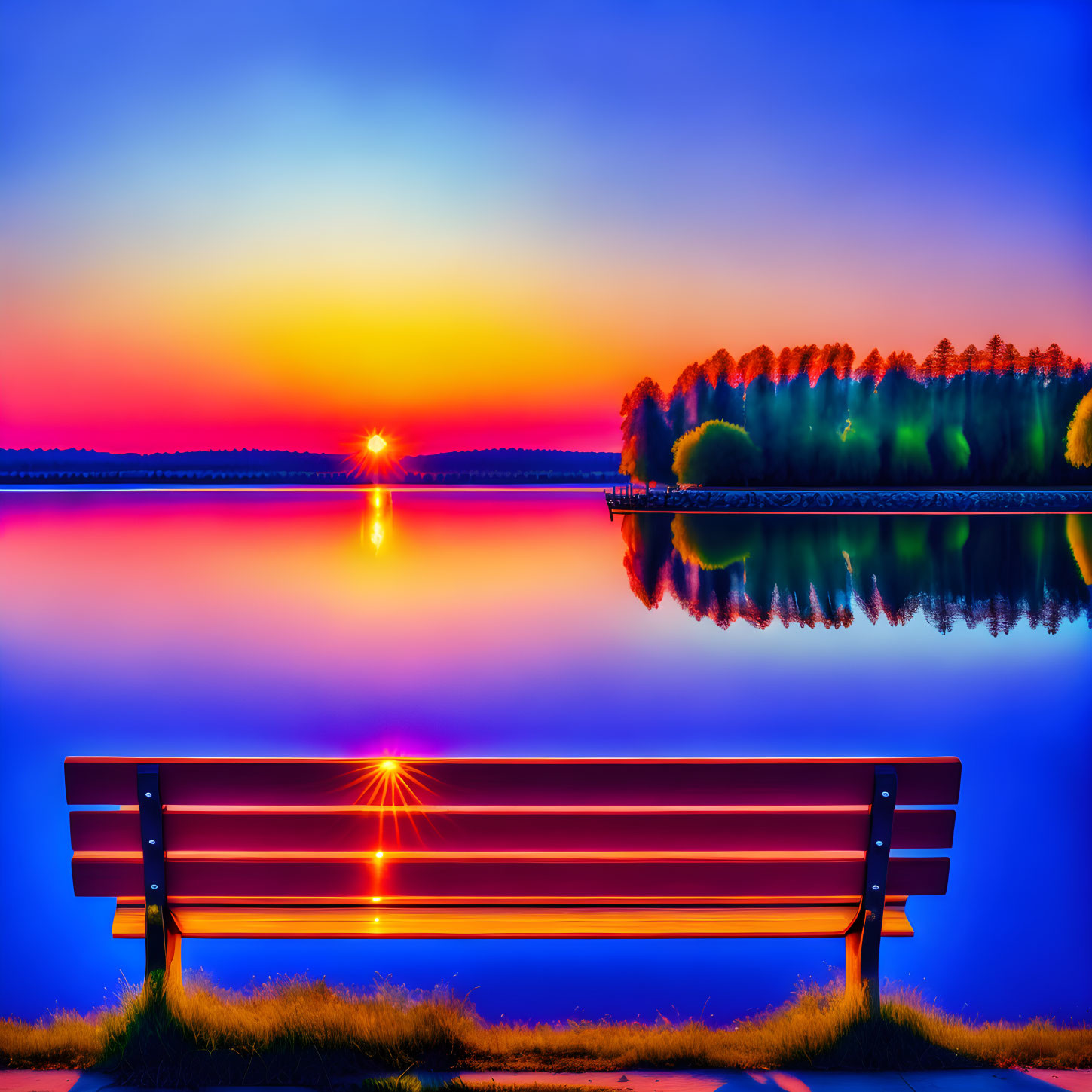 Scenic sunset over calm lake with silhouetted bench and trees